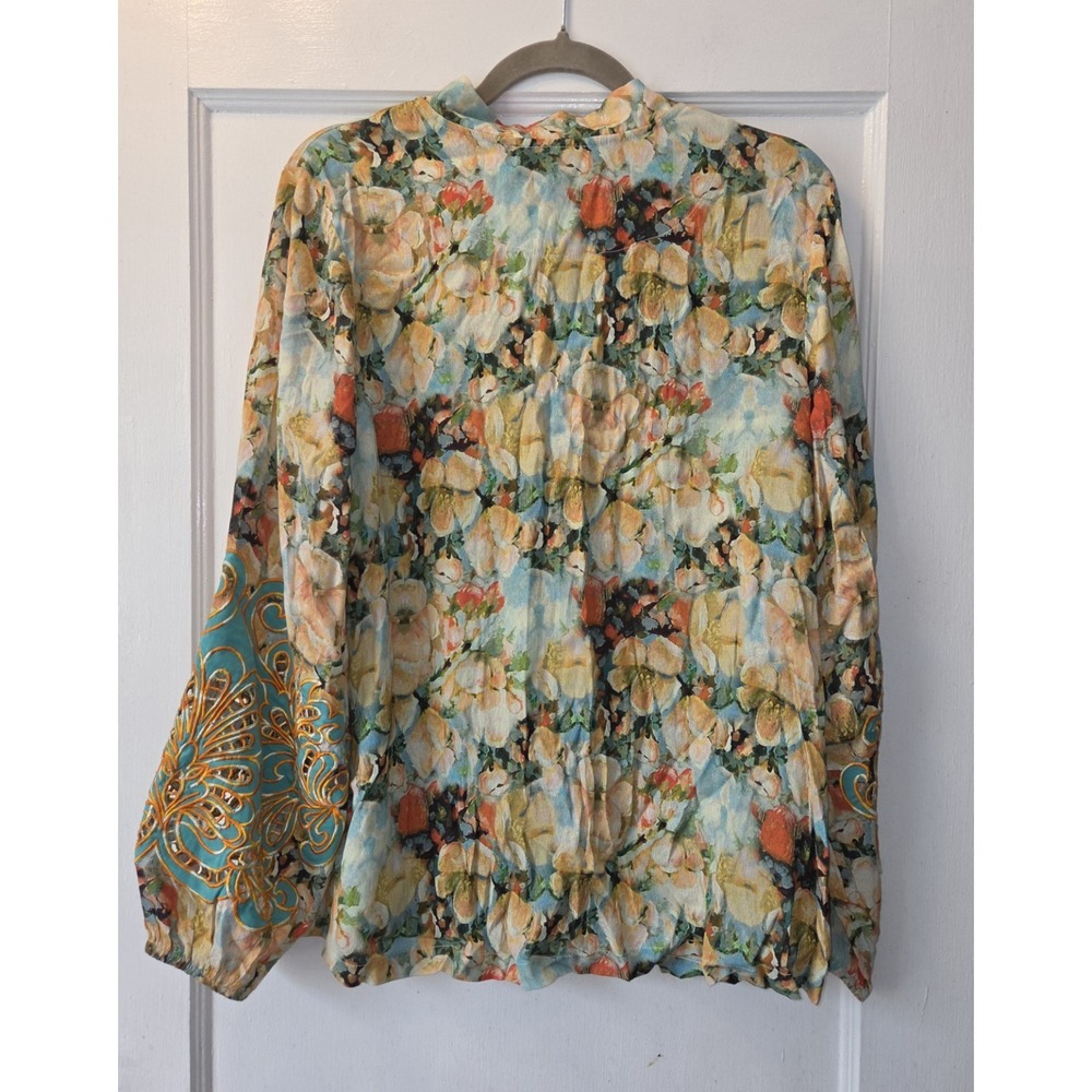 Soft Surroundings Colorful Watercolor Floral High Neck Blouse Embroidery. Medium - Picture 2 of 6